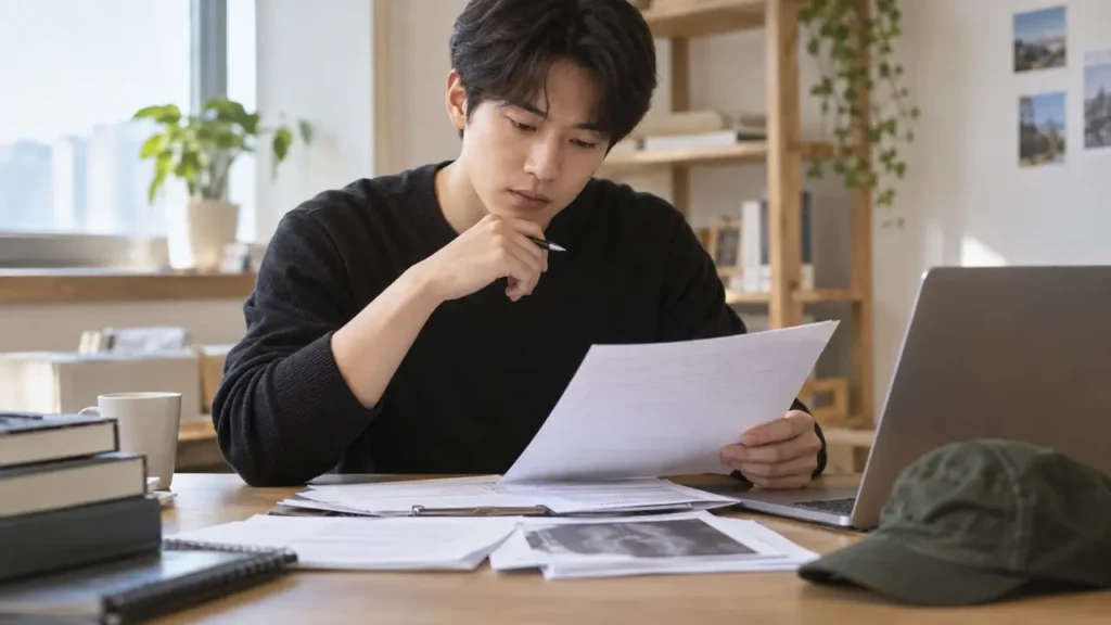 병역처분변경 신청을 위해 진단서와 관련 서류를 확인하는 모습