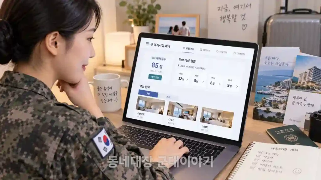 군인이-국군복지포털에서-군-호텔콘도-예약점수와-잔여객실을-확인하는-모습