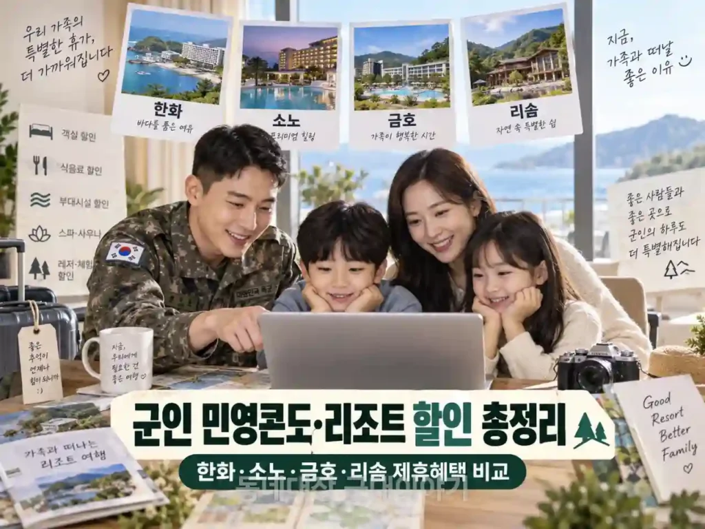 군인-가족이-한화소노금호리솜-등-군-제휴-리조트와-부대시설-할인혜택을-비교하는-모습