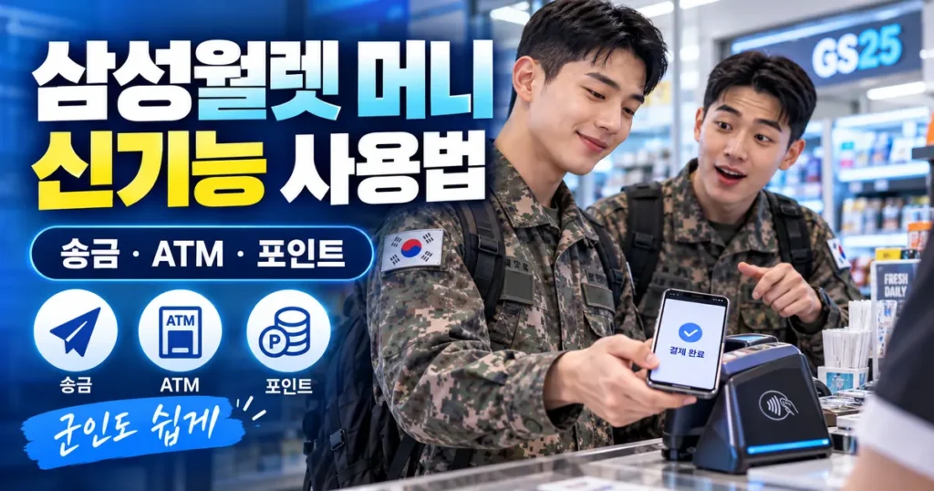 군 장병이 삼성월렛 머니로 결제하고 송금·ATM·포인트 기능을 확인하는 모습